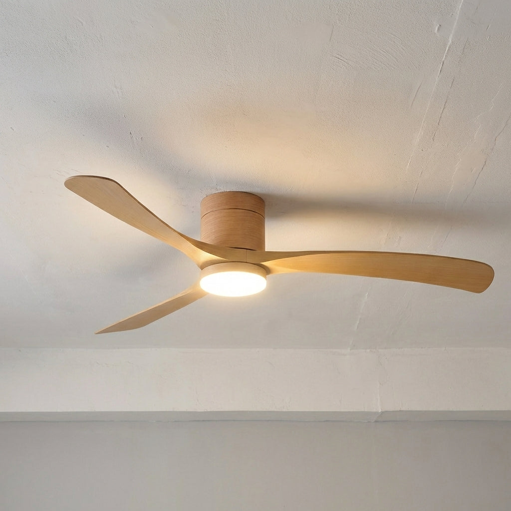 Quiet modern ceiling fan with LED light, remote control, and powerful air circulation for smart home comfort.