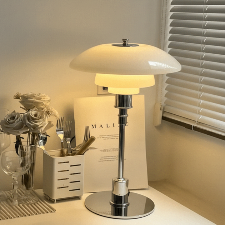Modern dimmable LED table lamp for bedroom & living room. Ambient home lighting.