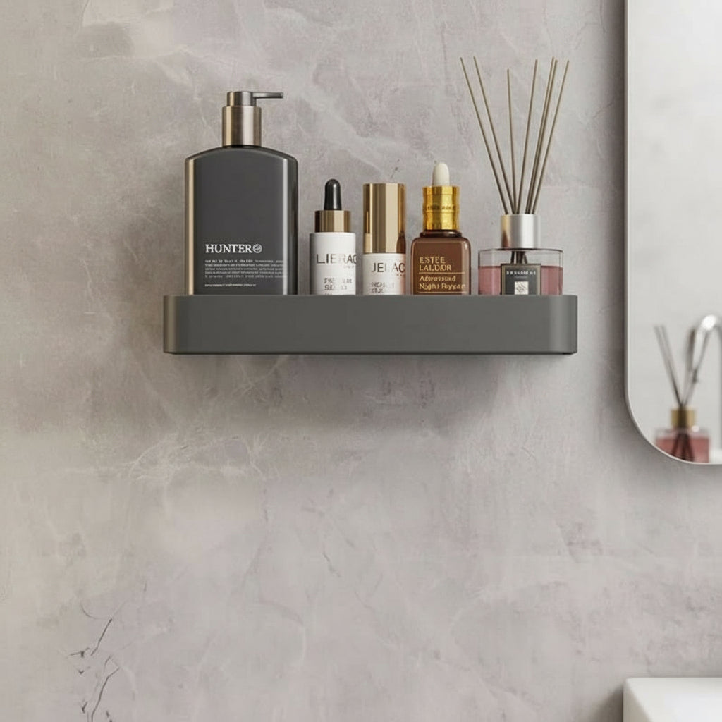 Modern drill-free bathroom organizer shelf with towel bar for toiletries & towels.