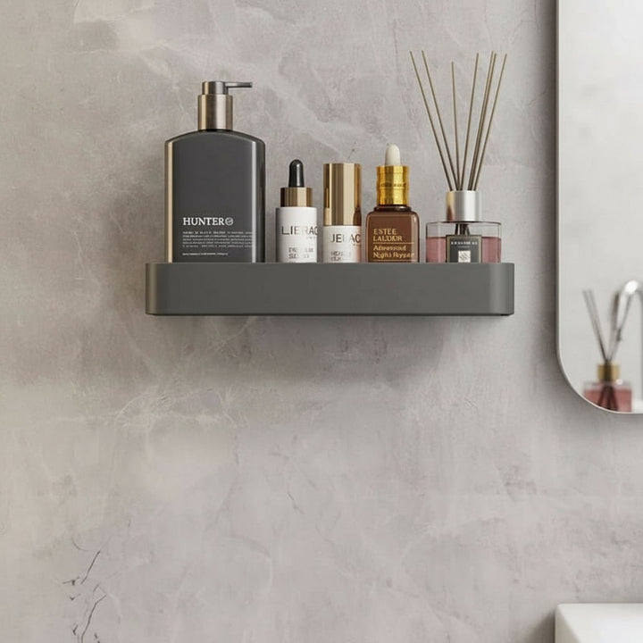 Modern drill-free bathroom organizer shelf with towel bar for toiletries & towels.