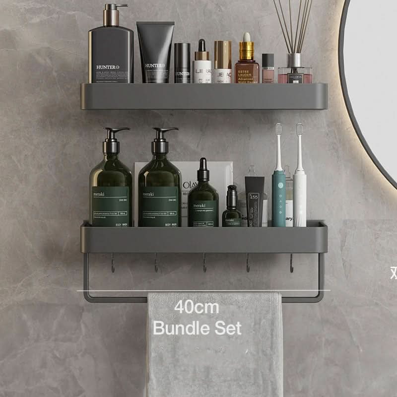 Hassle-free drill-free bathroom organizer with strong adhesive. Includes a handy towel bar.