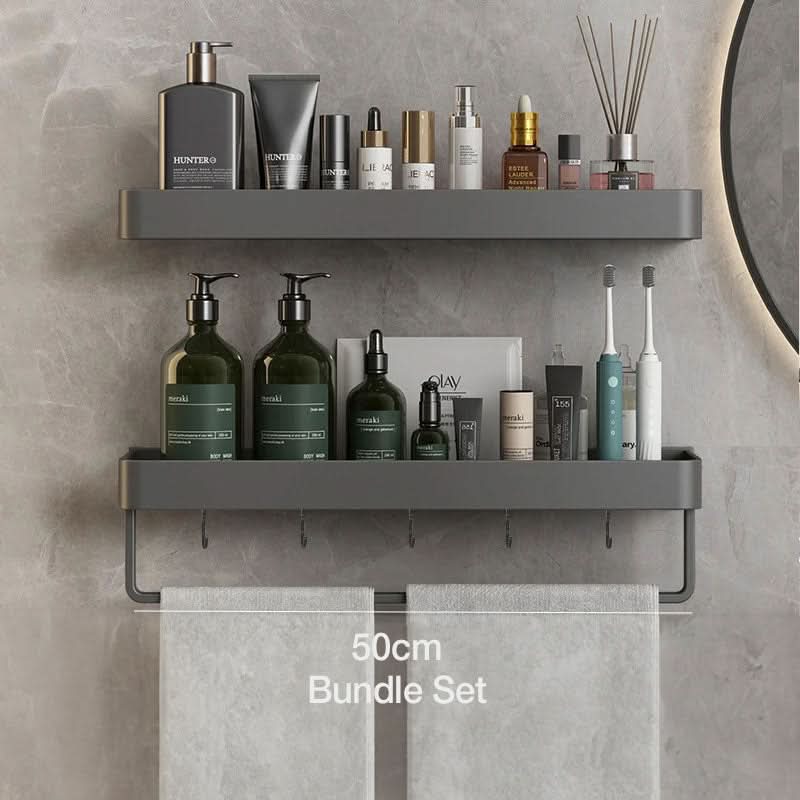 Clean, modern design drill-free bathroom shelf with towel bar, perfect for any contemporary bathroom.