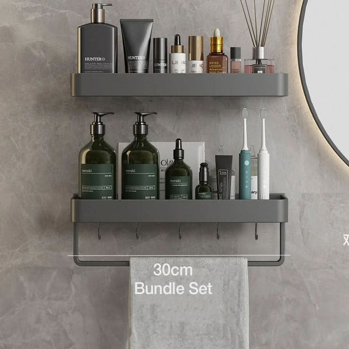 Smart space-saving adhesive bathroom organizer shelf featuring a convenient integrated towel bar.
