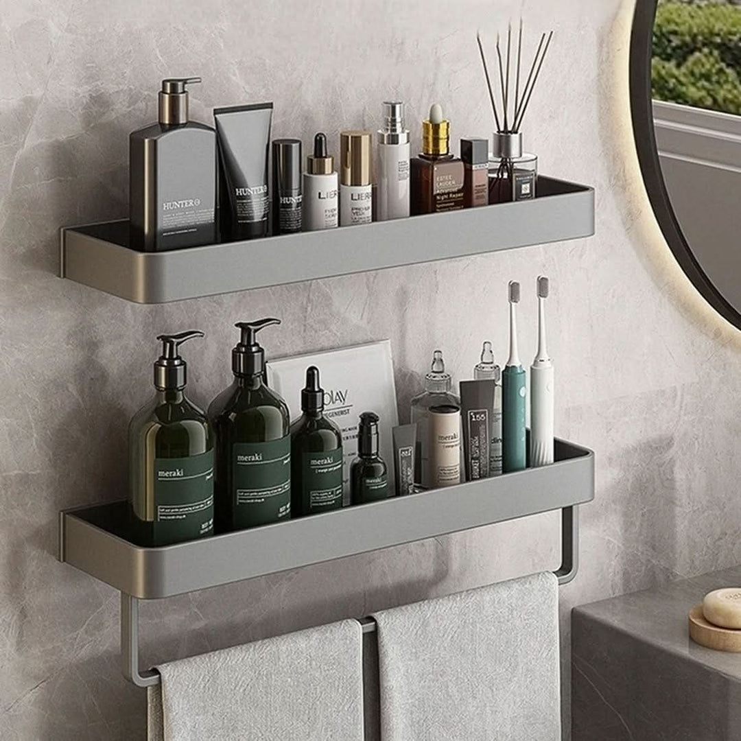 Unisex drill-free bathroom storage shelf. Perfect for organizing shampoos, lotions, and towels.