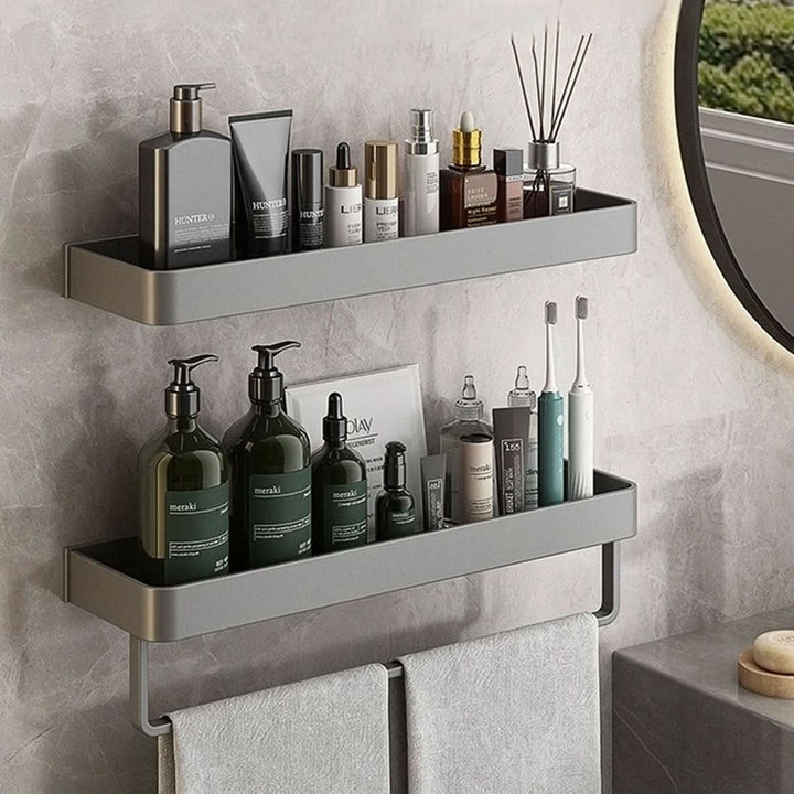 Unisex drill-free bathroom storage shelf. Perfect for organizing shampoos, lotions, and towels.