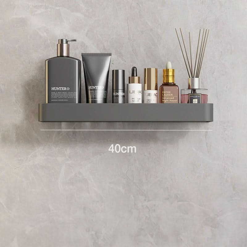 Practical drill-free bathroom shelf for toiletries, featuring a convenient towel hanging bar.