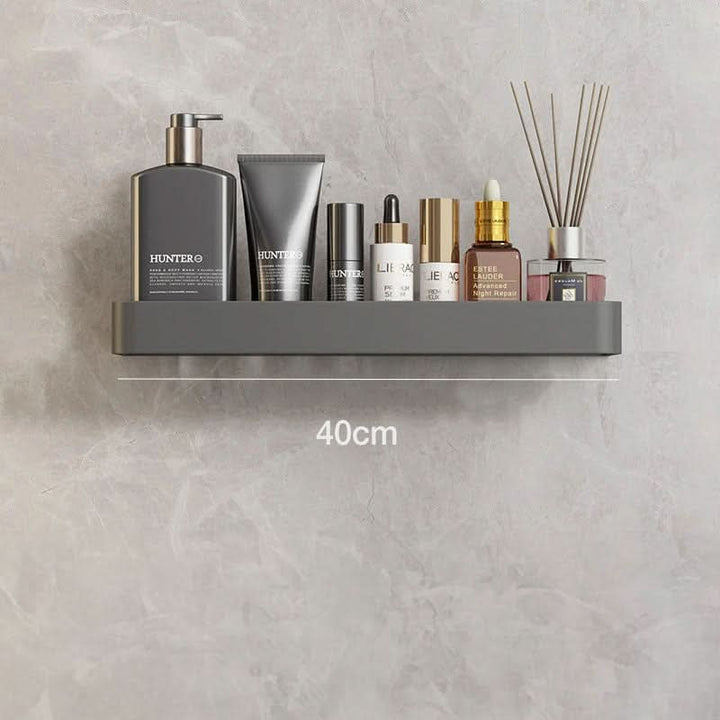 Practical drill-free bathroom shelf for toiletries, featuring a convenient towel hanging bar.