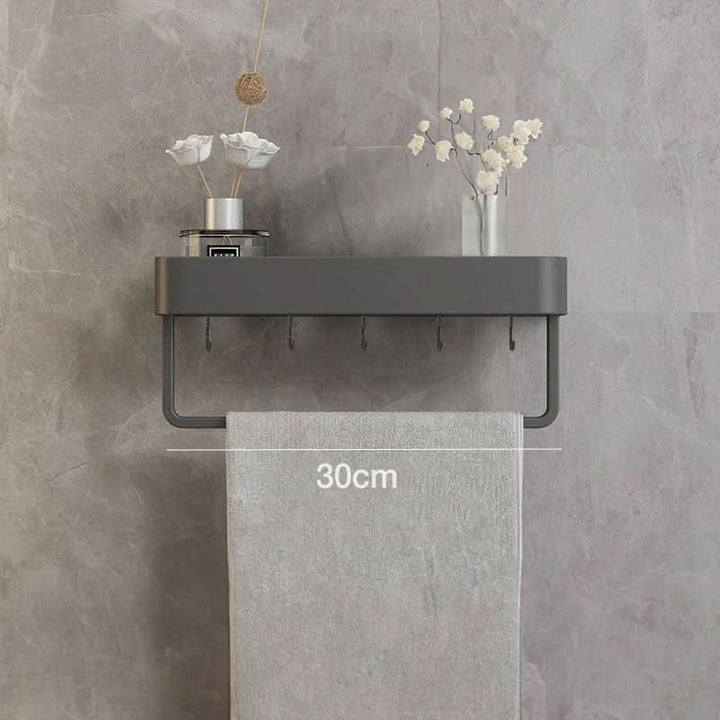 Versatile drill-free bathroom storage solution with integrated towel bar for compact spaces.