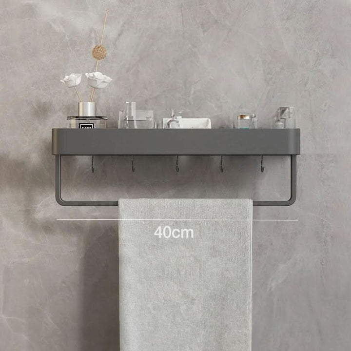 Keep your bathroom tidy with this drill-free wall organizer shelf and handy towel hanging rod.