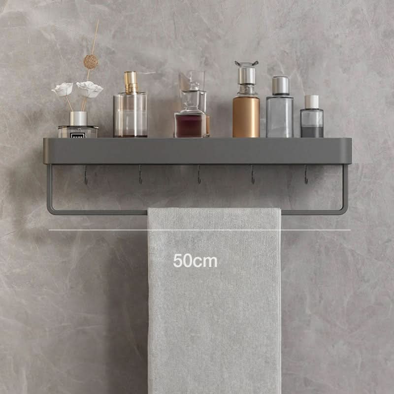 Streamlined drill-free bathroom shelf, ideal for holding soaps, brushes, and bath essentials.