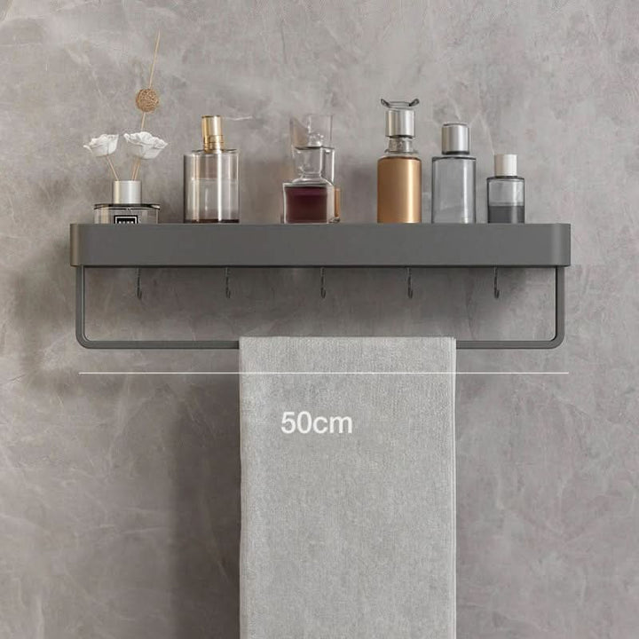 Streamlined drill-free bathroom shelf, ideal for holding soaps, brushes, and bath essentials.
