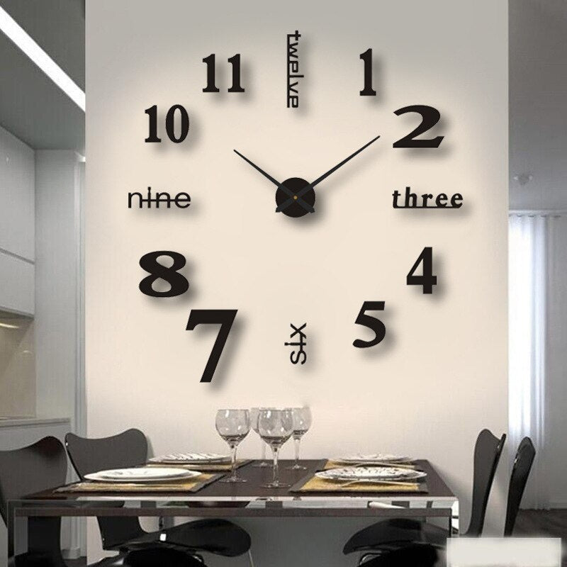 Modern frameless DIY wall clock with silent mechanism, customizable adhesive numbers for minimalist home decor.