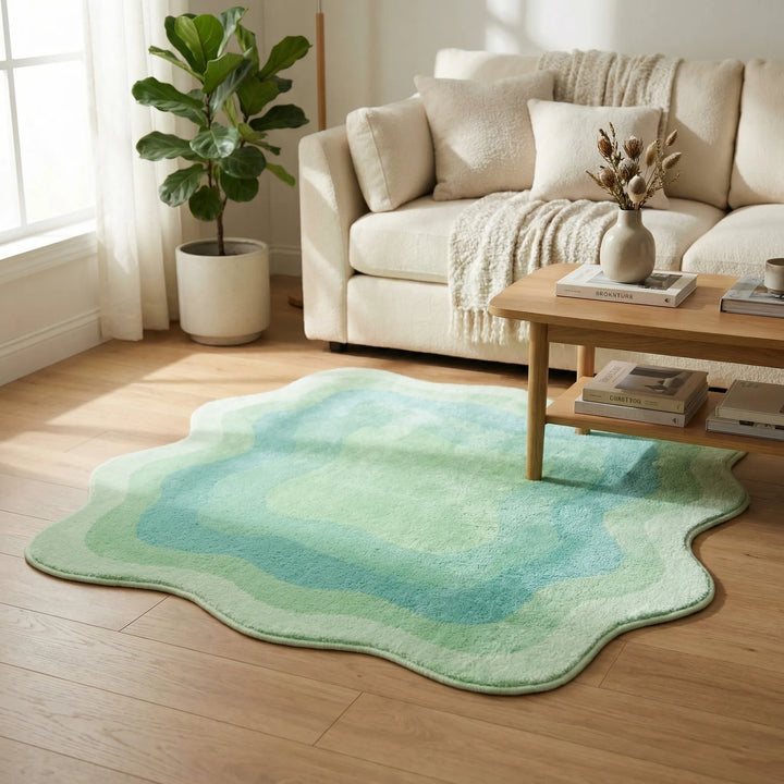 Modern gradient area rug with soft waves, perfect for living room or bedroom decor.