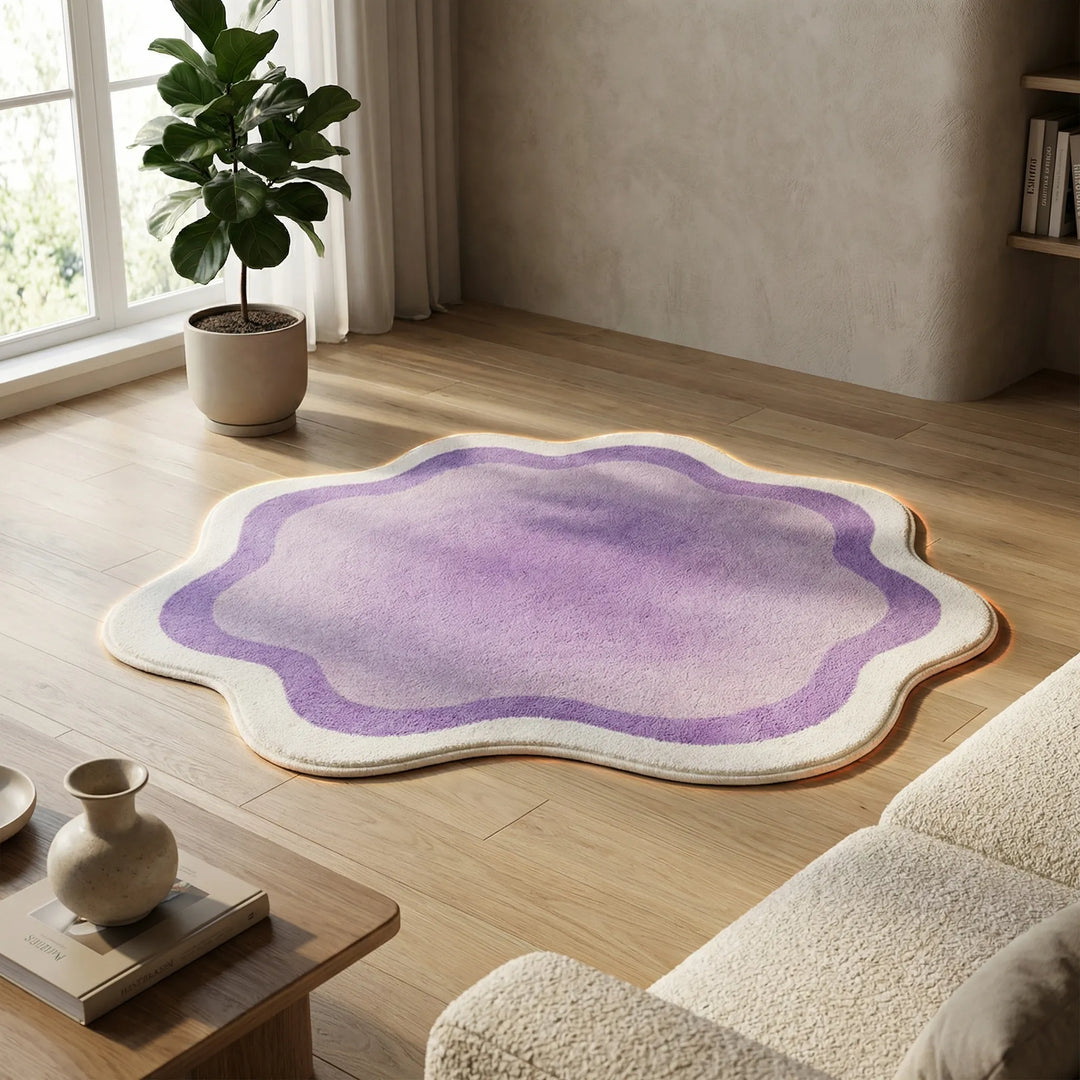 Vibrant gradient area rug with fluid waves, enhancing modern living room and bedroom aesthetics.