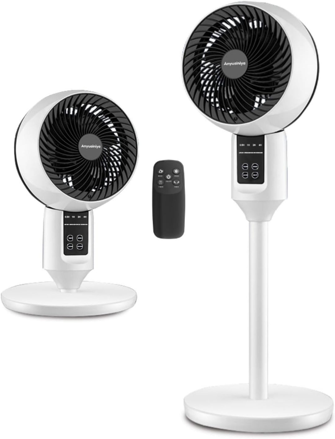 Sleek modern table fan with remote control & adjustable height for convenient, quiet home cooling.