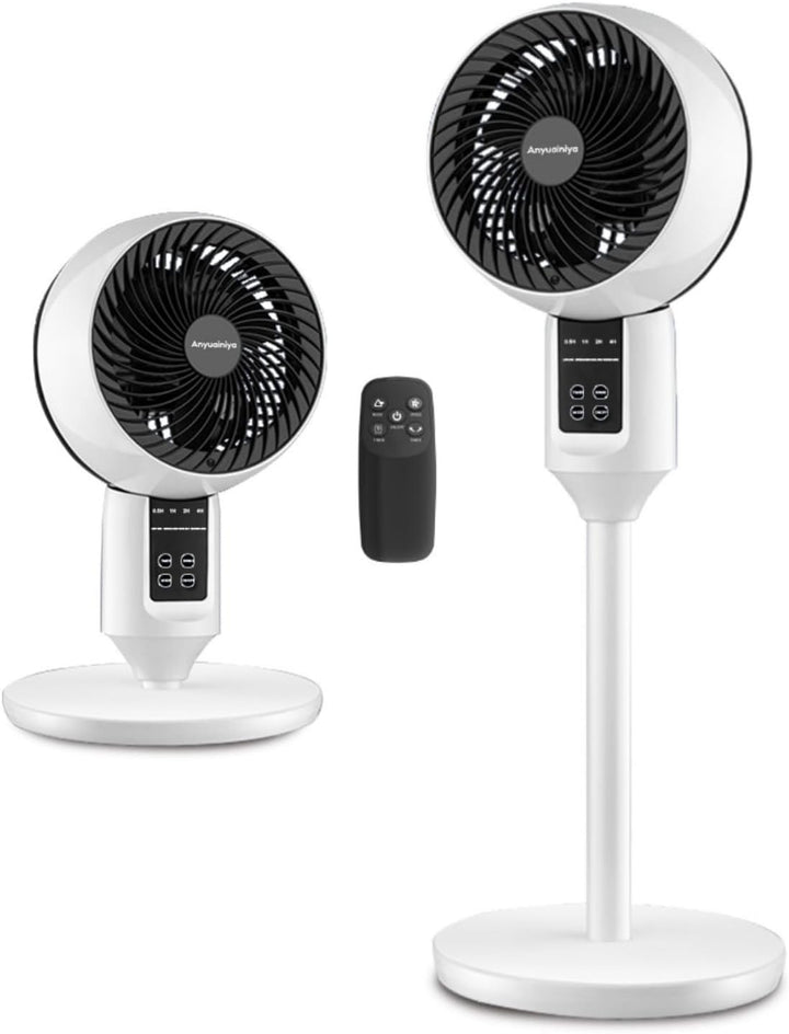 Sleek modern table fan with remote control & adjustable height for convenient, quiet home cooling.