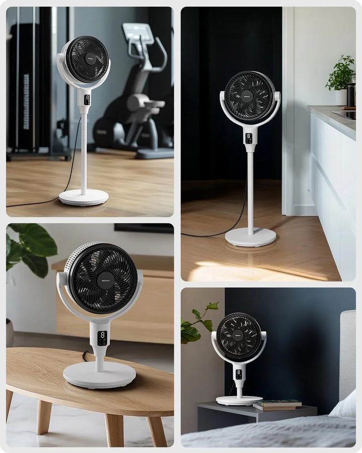 Stylish height-adjustable fan transitions from table to pedestal, offering powerful yet quiet cooling.