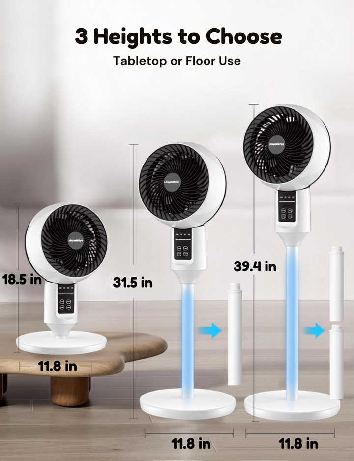 Remote-controlled height-adjustable modern fan for quiet, personalized cooling & enhanced home comfort.