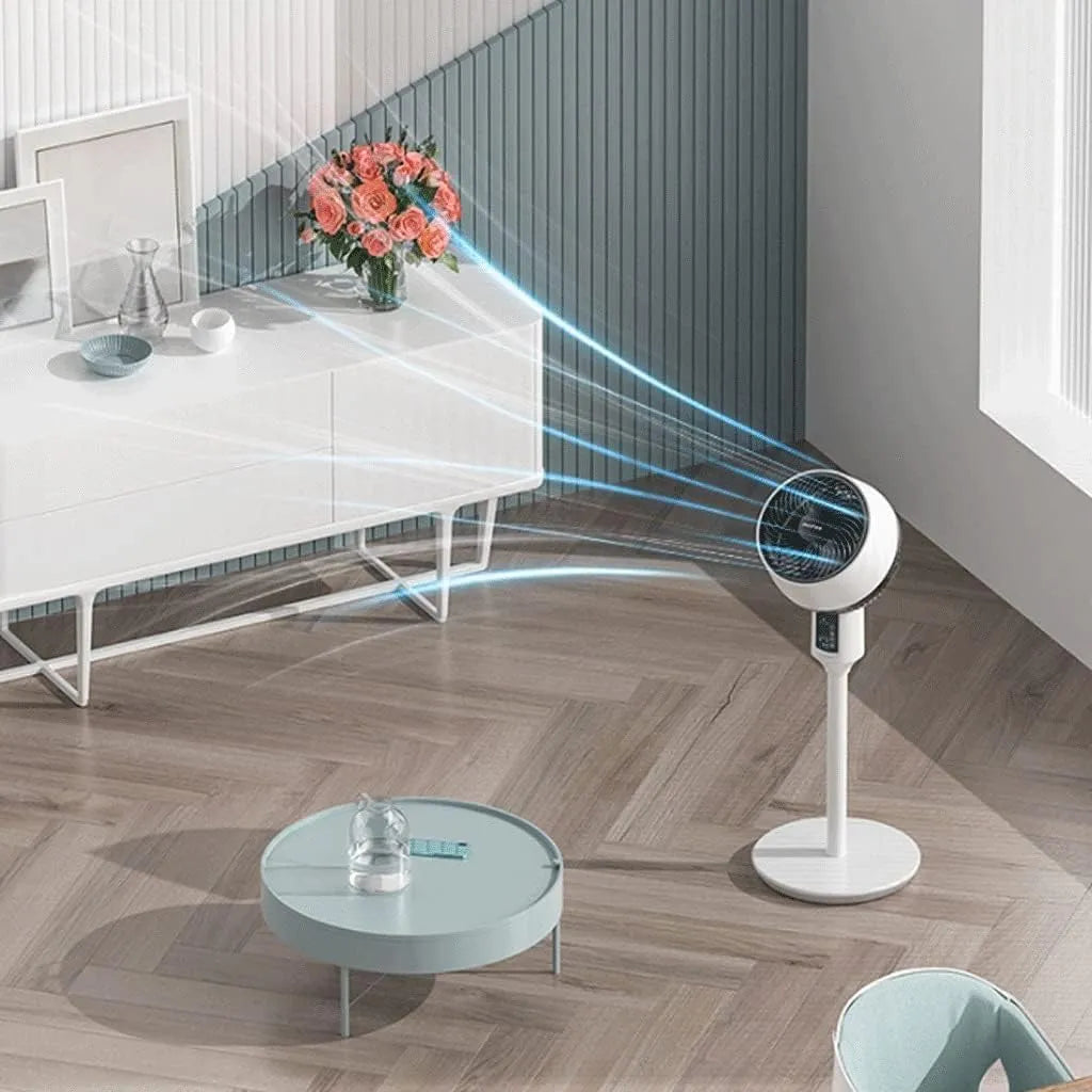 Contemporary height-adjustable table fan; sleek design, quiet operation & effective cooling solution.