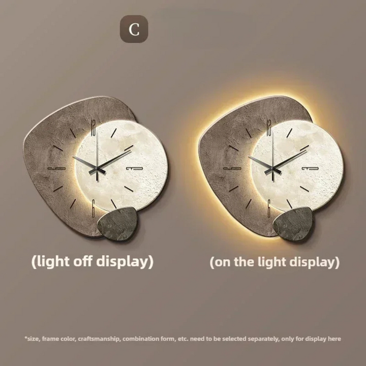 Detailed view of a modern decorative LED wall clock, offering soft integrated illumination for rooms.
