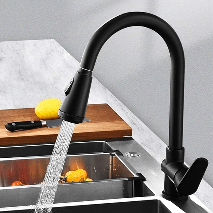 Modern kitchen touch faucet with pull-out spray head in stainless steel for easy cleaning & contemporary upgrade.