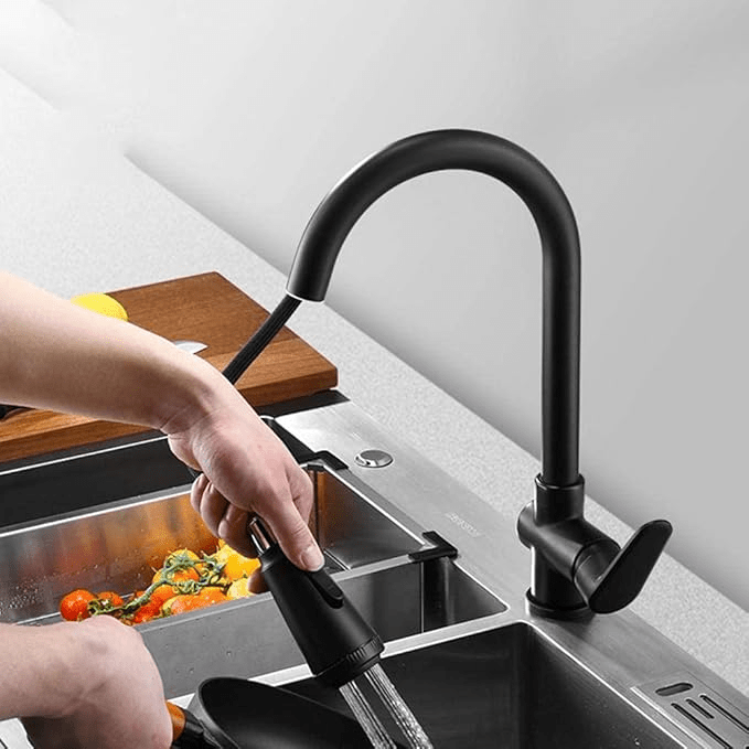 Sleek matte black touch kitchen faucet with pull-out spray for versatile cleaning & modern utility sink.