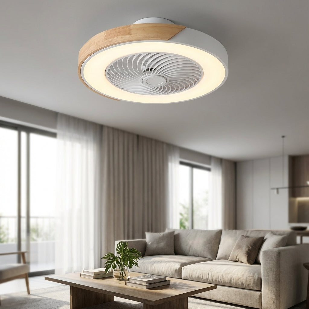 Modern LED ceiling fan light fixture with quiet illumination & remote for contemporary indoor spaces.