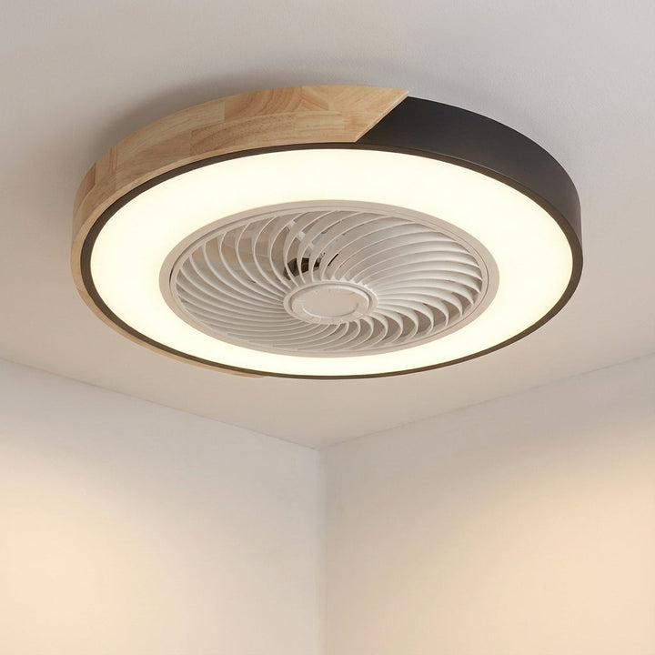 Minimalist white modern integrated LED ceiling fan light fixture, designed for quiet operation and sleek home decor.