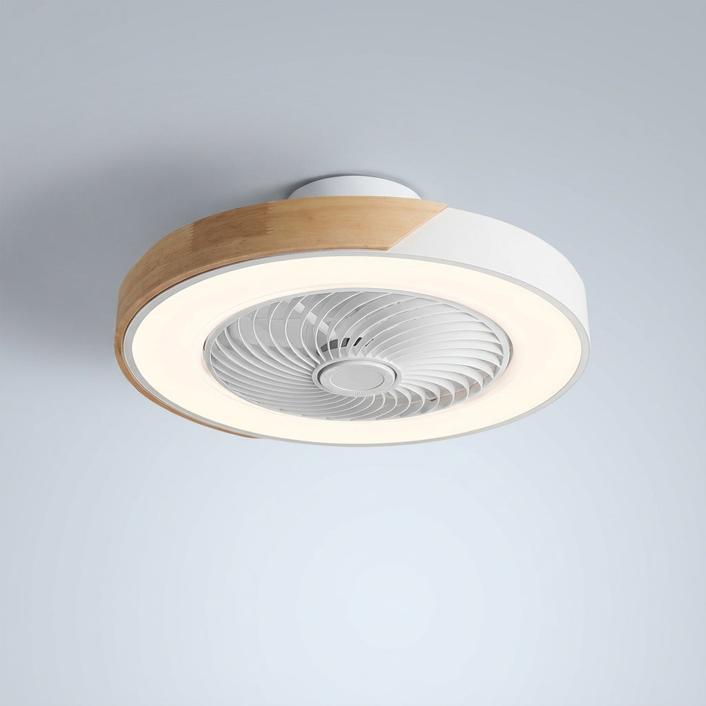 Sleek white integrated LED ceiling fan light, modern design for elegant home decor, quiet operation.