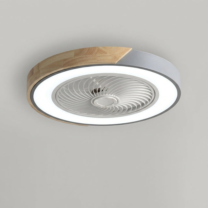 Dimmable contemporary LED ceiling fan with integrated light, providing efficient air and illumination.