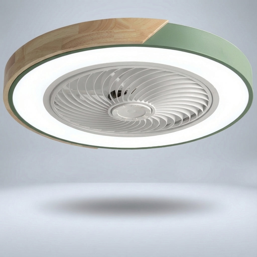 Close-up of white modern ceiling fan blades and integrated LED light, ensuring quiet performance.