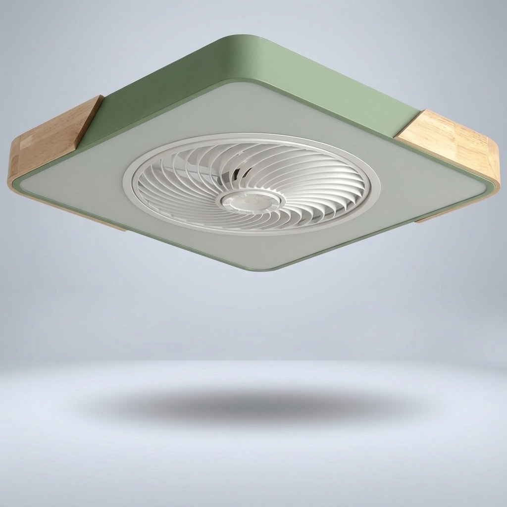Hand holding remote for a Breezora modern quiet LED ceiling fan light fixture, easy brightness & speed control.