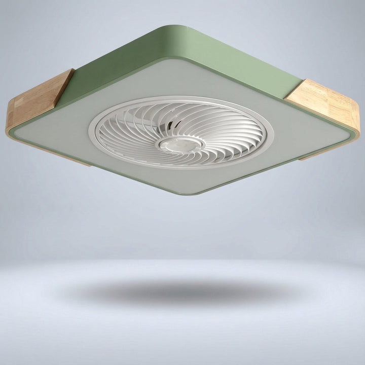 Hand holding remote for a Breezora modern quiet LED ceiling fan light fixture, easy brightness & speed control.