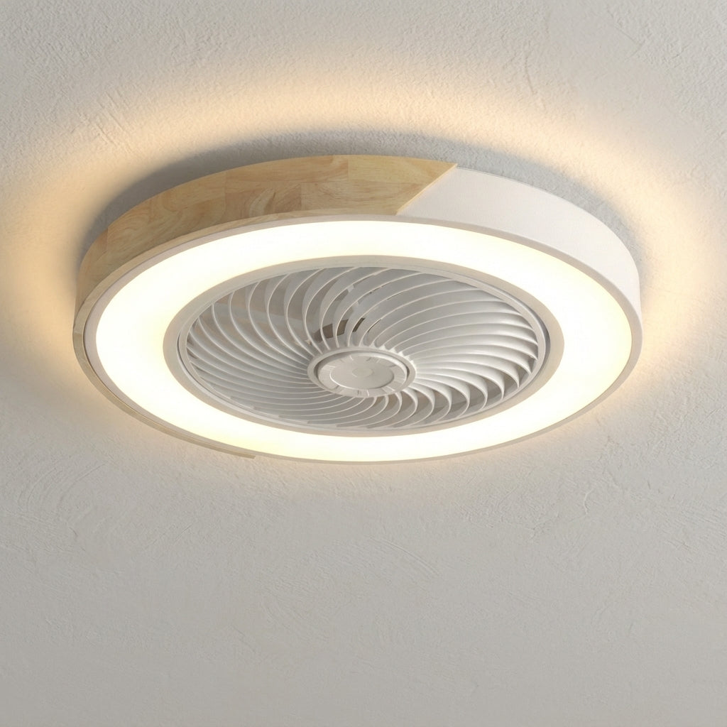 Contemporary white LED ceiling fan light fixture, showcasing integrated illumination & sleek minimalist design.