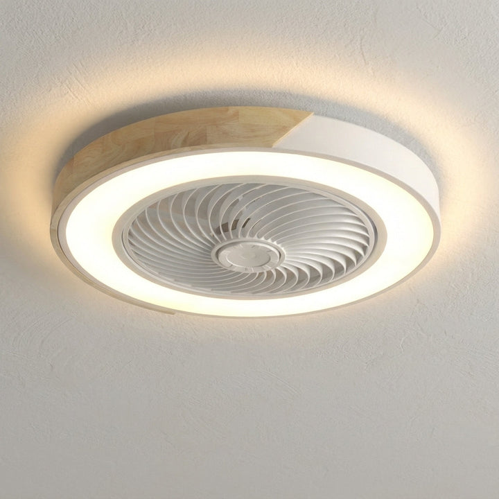 Contemporary white LED ceiling fan light fixture, showcasing integrated illumination & sleek minimalist design.