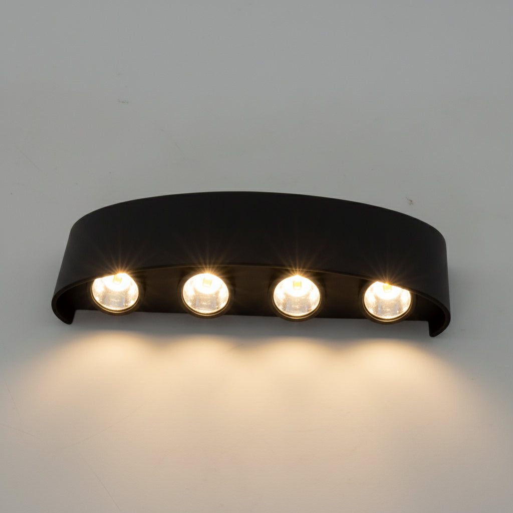 Easy-install modern LED wall light. Weatherproof exterior lighting for a contemporary garden or patio.