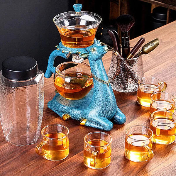Clear borosilicate glass magnetic tea set, showcasing loose leaf tea steeping for a visual, modern tea ceremony.