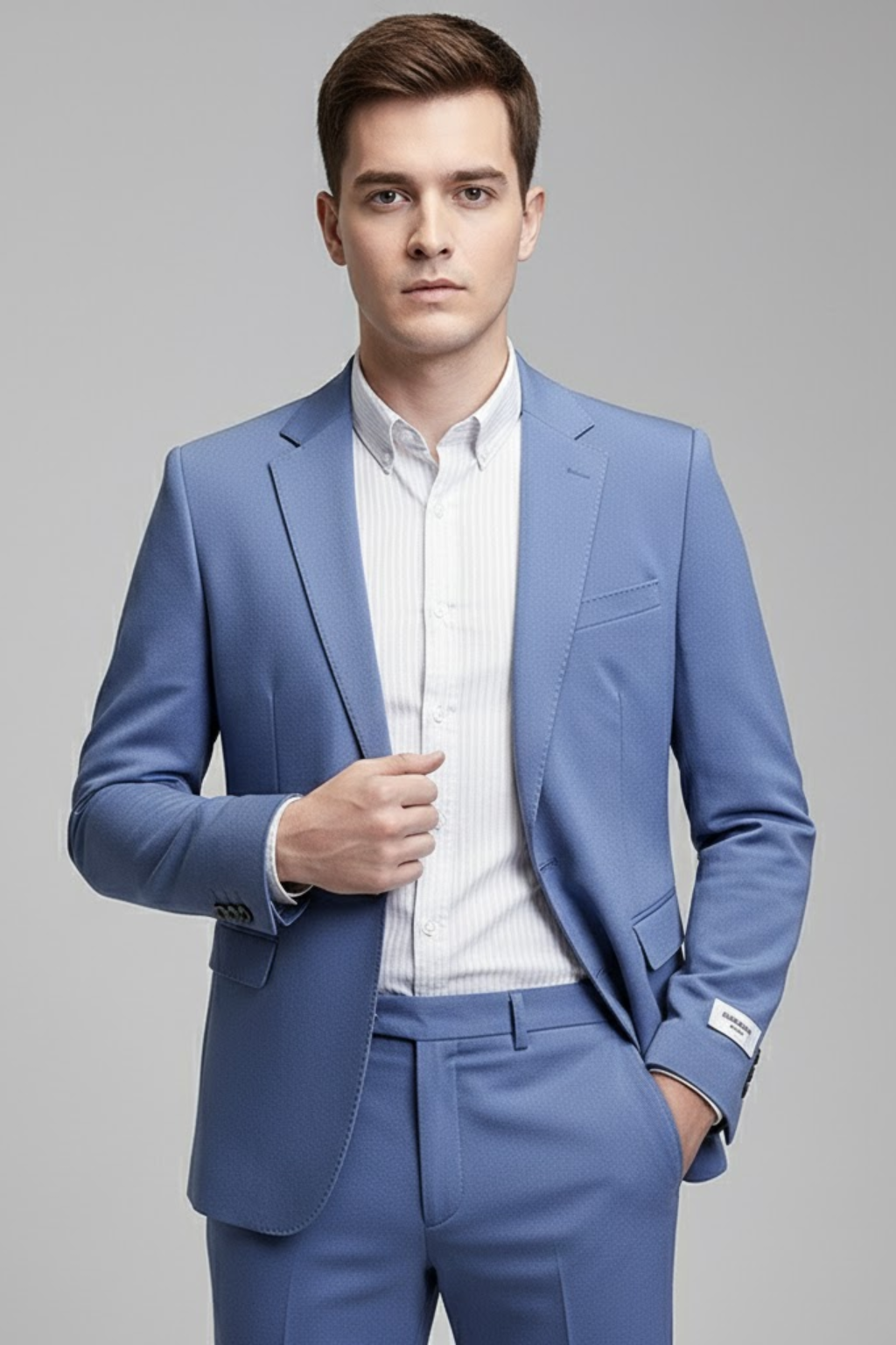 Versatile modern men's slim fit suit for business professionals, formal events, & contemporary casual wear.