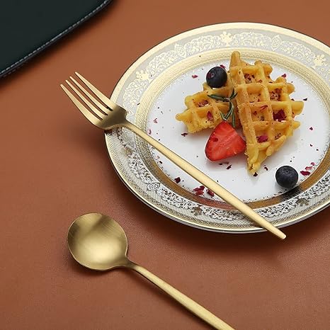 Overhead view of the PureSet modern cutlery, highlighting its sleek, reflective surface.