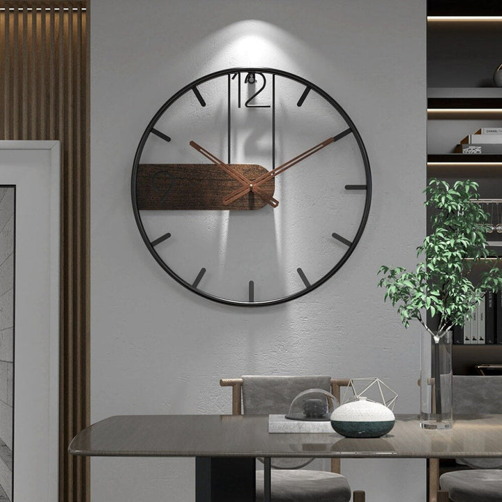 Modern minimalist wall clock with decorative natural wood frame. Silent quartz movement for home or office decor.