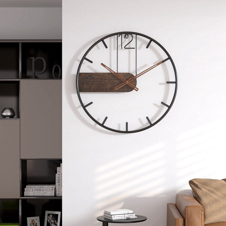Large contemporary wall clock with unique decorative wood design. Silent, elegant home or office decor piece.