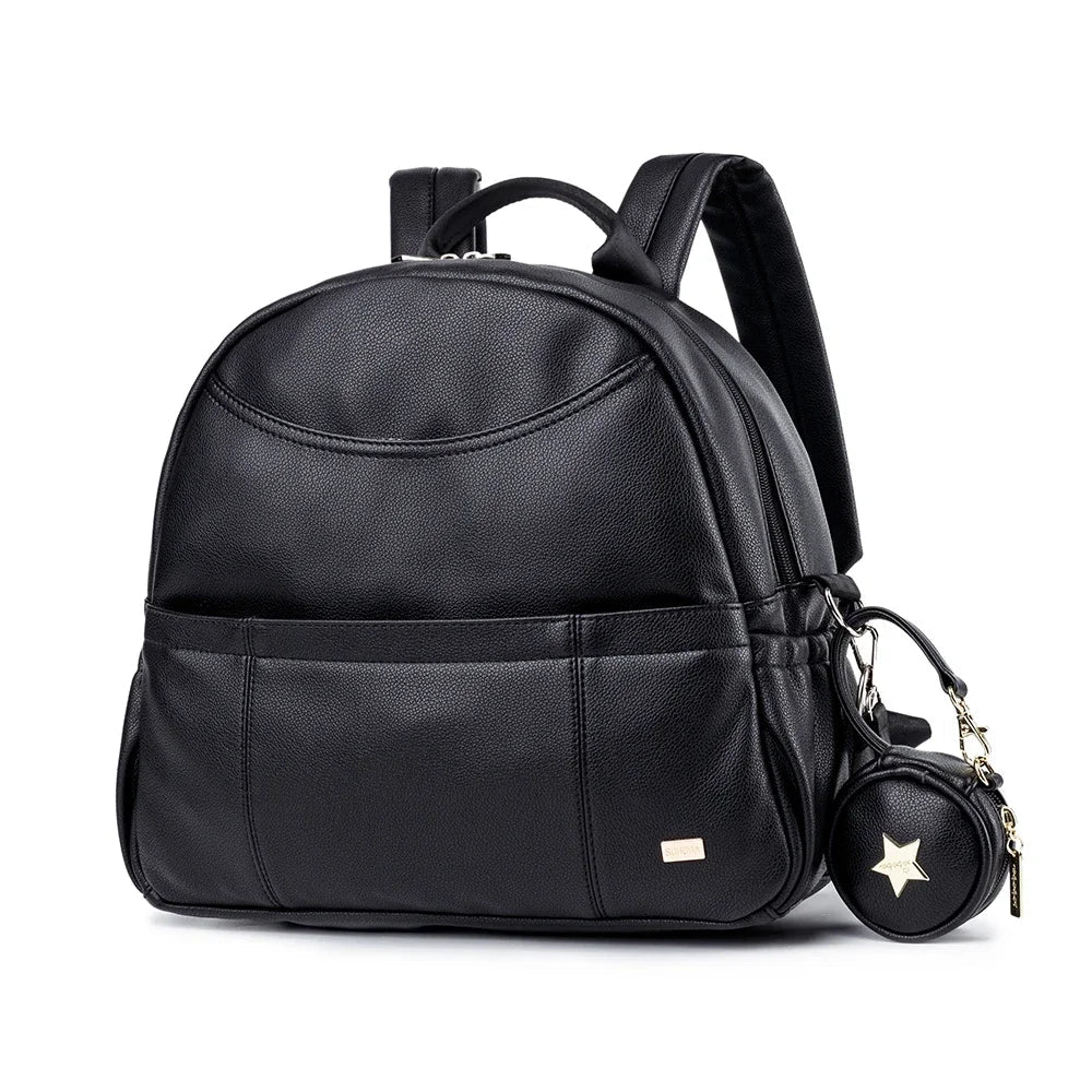 Modern Mommy Diaper Backpack, stylish black PU leather with gold zippers, spacious storage for baby essentials