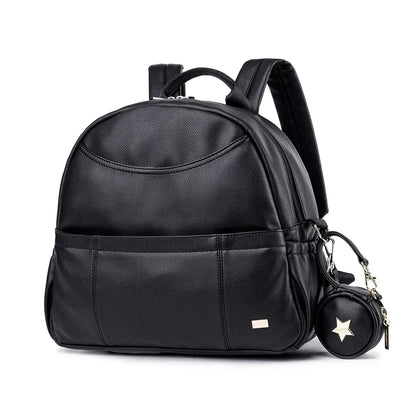 Modern Mommy Diaper Backpack, stylish black PU leather with gold zippers, spacious storage for baby essentials
