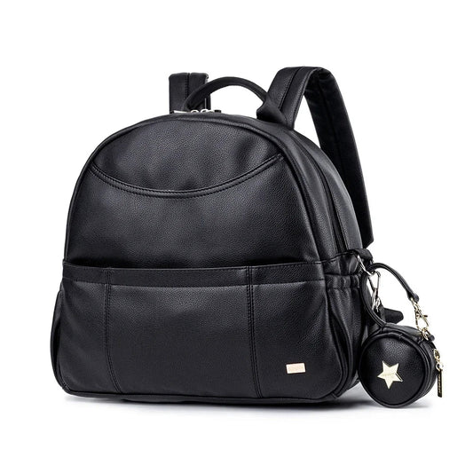Modern Mommy Diaper Backpack, stylish black PU leather with gold zippers, spacious storage for baby essentials