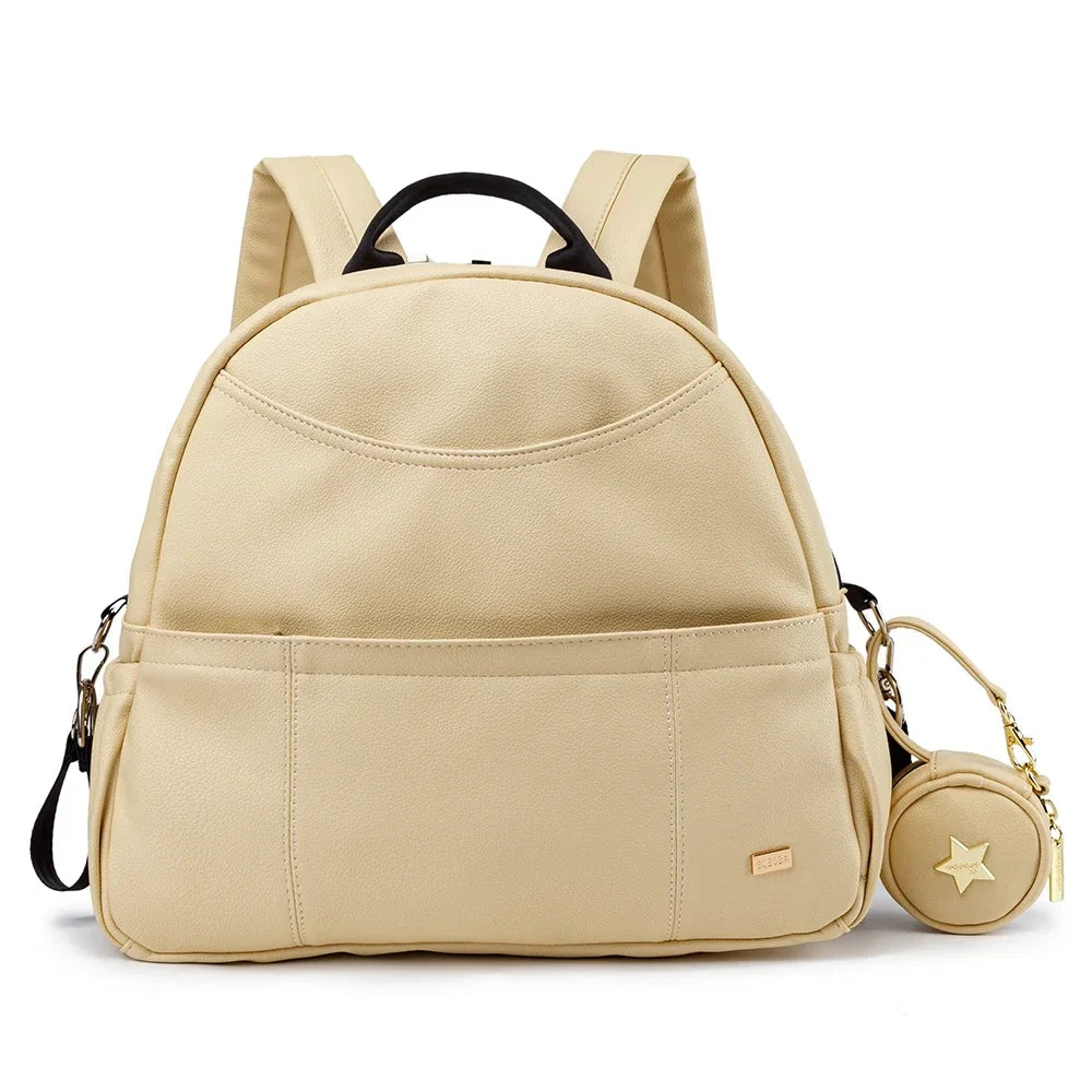Stylish Modern Mommy Diaper Backpack for new moms, black PU leather, ample space for baby items