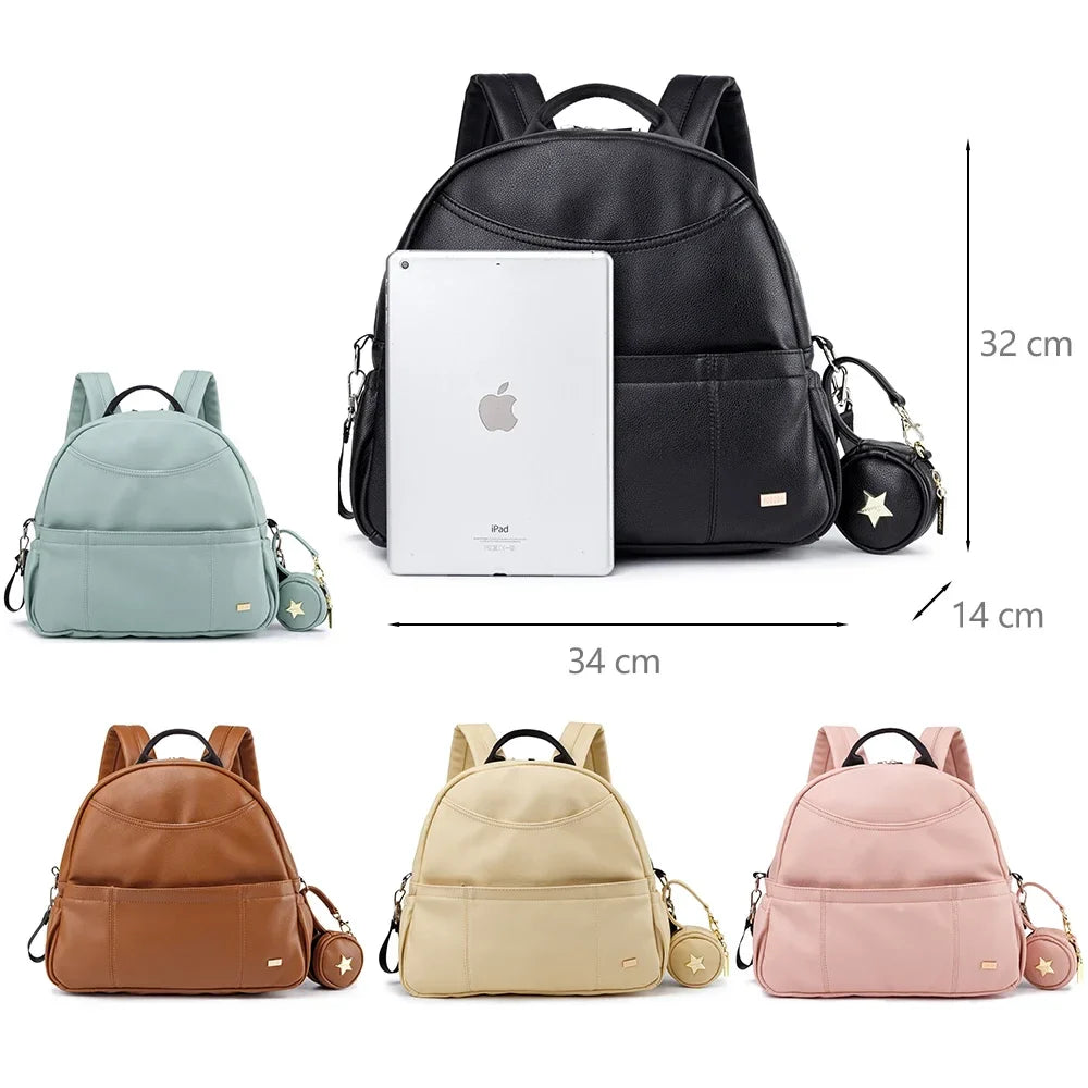 Stylish PU leather Modern Mommy Diaper Backpack in black, large capacity for baby travel and parenting essentials