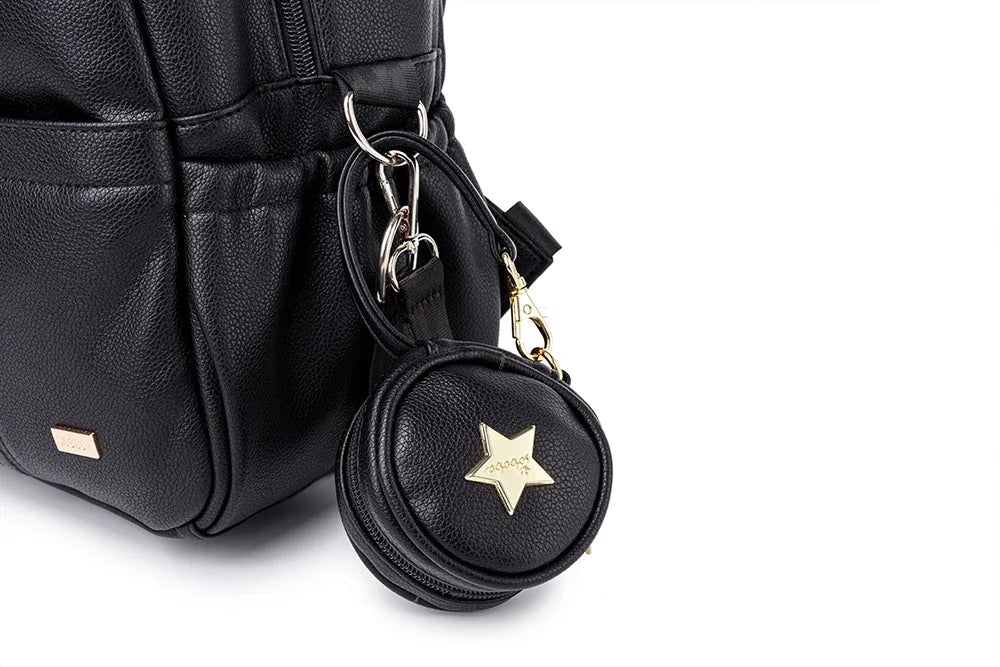 Black PU leather Modern Mommy Diaper Backpack, combining fashion with function for baby travel