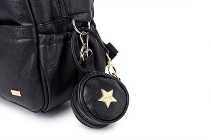 Black PU leather Modern Mommy Diaper Backpack, combining fashion with function for baby travel