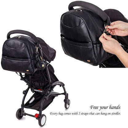 Modern Mommy Diaper Backpack, chic black design, generous storage, perfect parenting essential