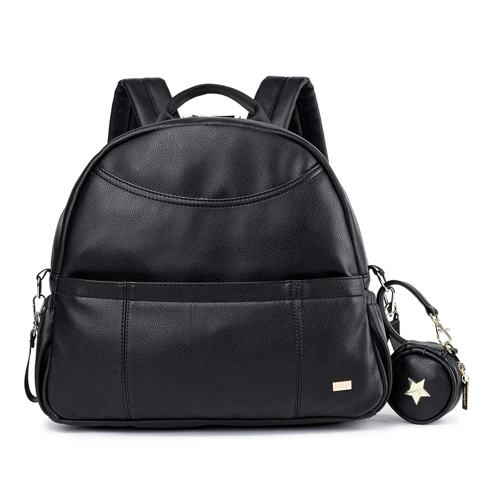 Black PU leather Modern Mommy Diaper Backpack, a fashionable and practical baby travel solution